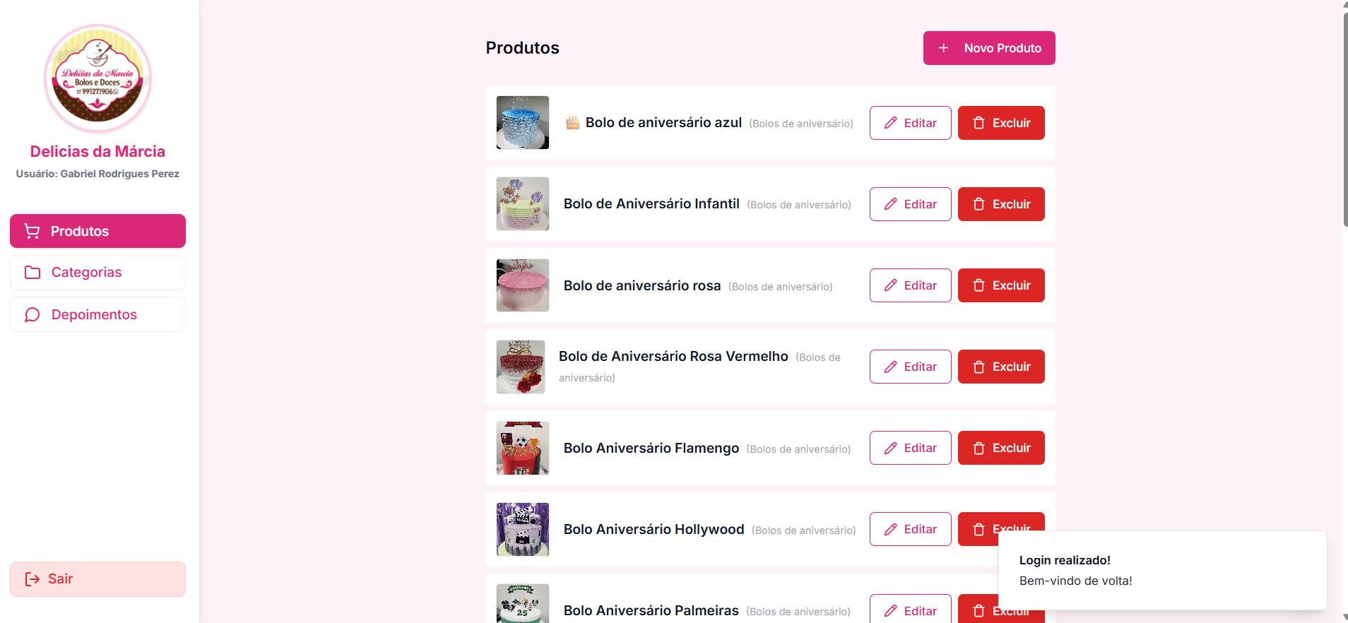 Painel Administrativo Delicias da Marcia